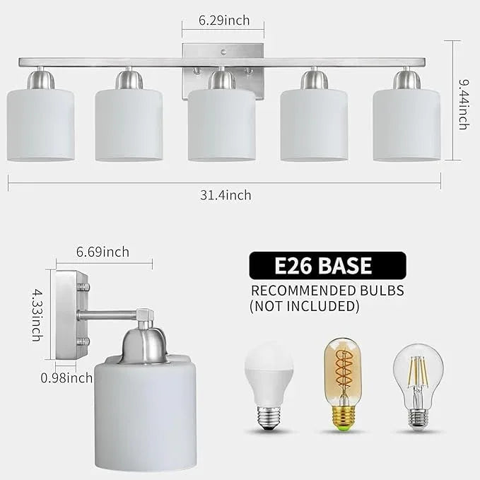 FAISHILAN 5 Light Bathroom Light Fixtures Brushed Nickel, Bathroom Vanity Light with Milky White Frosted Glass Shade, Vanity Lights for Mirror Bedroom Living Room E26 Base - ModernBath