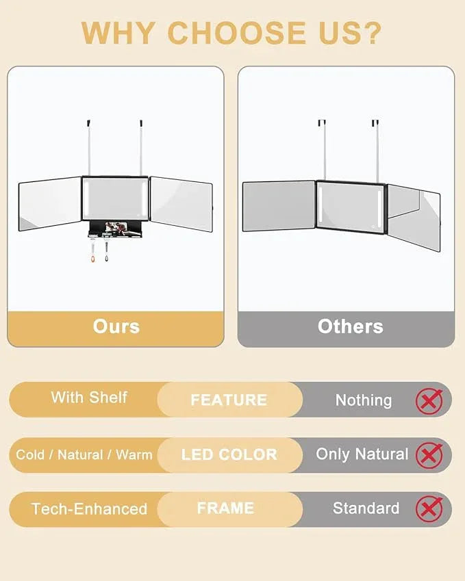 Dripex 3 Way Mirror with Storage Shelf and 3 Color LED Lights, Rechargeable Trifold Self Haircut 360° Mirror with Height Adjustable Hooks for Makeup, Styling, Shaving, Braiding, Dye Hair (Black) - ModernBath