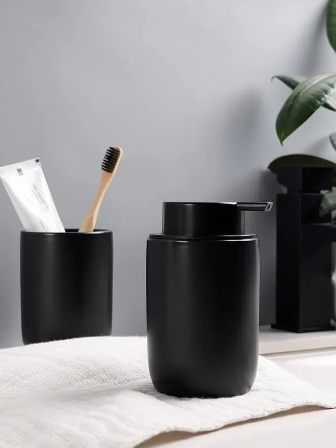 Bosilunlife Soap Dispenser and Toothbrush Holder Set - Dish Hand Soap Dispenser Bathroom Set Ceramic Bathroom Counter Soap Toothbrush Holder Set Black Bathroom Accessories Set - ModernBath
