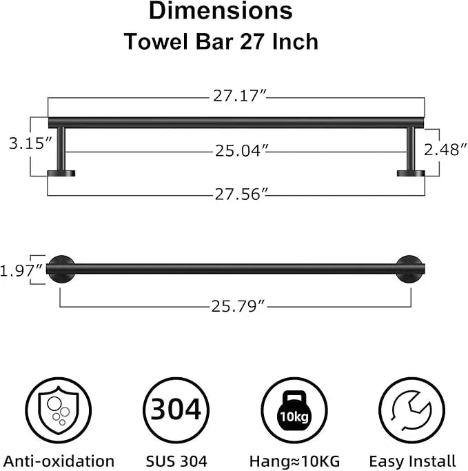 Bathroom Towel Bar, 27 Inch Towel Racks for Bathroom Wall Mounted, Heavy Duty Bathroom Towel Holder Organizer, Stainless Steel Home Towel Rod, Matte Black - ModernBath