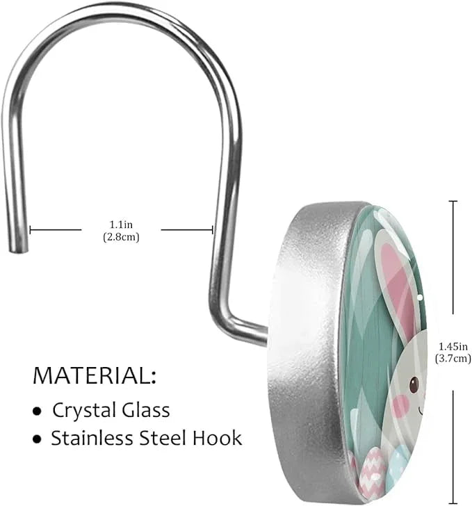 Rural Teal and Easter Bunny Crystal Glass Shower Curtain Hooks for Bathroom Shower Rod, 12Pcs Round Home Decorative Shower Curtain Rings, Bathroom Bedroom Living Room Accessories - ModernBath