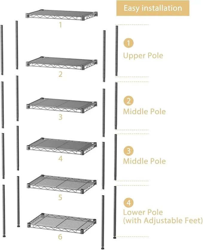 SINGAYE 6 Shelves Bathroom Organizers and Storage Shelf Wire Closet Metal Pantry Kitchen Small Garage Shelving Unit Laundry Room Organization Home Tall Rack Balck 10" D x 16" W x 60”H - ModernBath