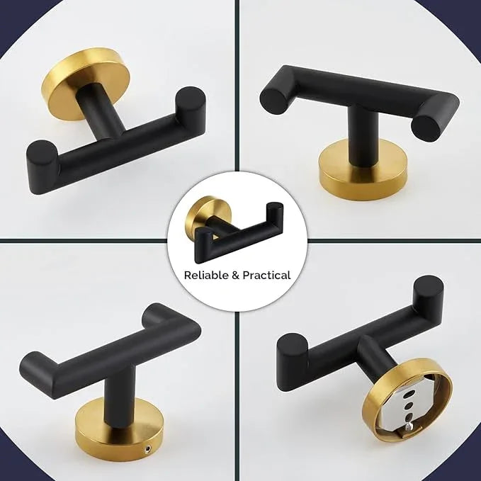 Angle Simple Towel Double Hook Black & Gold, 2 PCS Stainless Steel Bathroom Towel Holder, Dual Robe Coat Hook for Wall - ModernBath