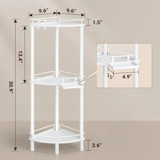 ELYKEN Corner Shower Caddy Standing, 3 Tier Rustproof Metal Shower Organizer with Soap Holder, Floor Shower Corner Shelf Rack Storage Stands with Adjustable Feet & 2 Hooks for Bathroom, White - ModernBath
