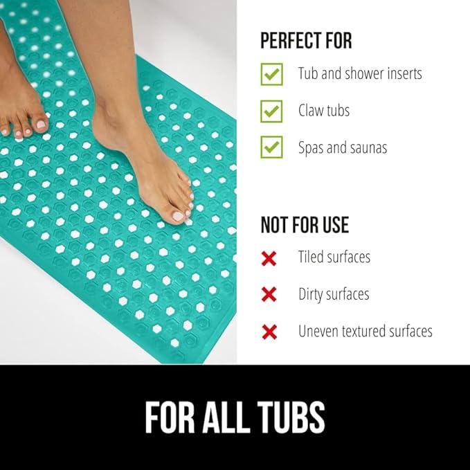 GORILLA GRIP Patented Bath Tub Shower Mat, Machine Washable Bathtub Floor Liner Mats, Suction Cups and Drain Holes to Keep Tubs Clean, Soft on Feet, Bathroom Essentials, 35x16 Inch, Turquoise Opaque - ModernBath