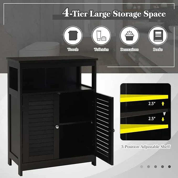 GLACER Bathroom Floor Cabinet, Wooden Storage Cabinet with Double Shutter Doors & 3-Position Adjustable Shelf, Side Storage Organizer, 23.5 x 12 x 31.5 inches (Black) - ModernBath