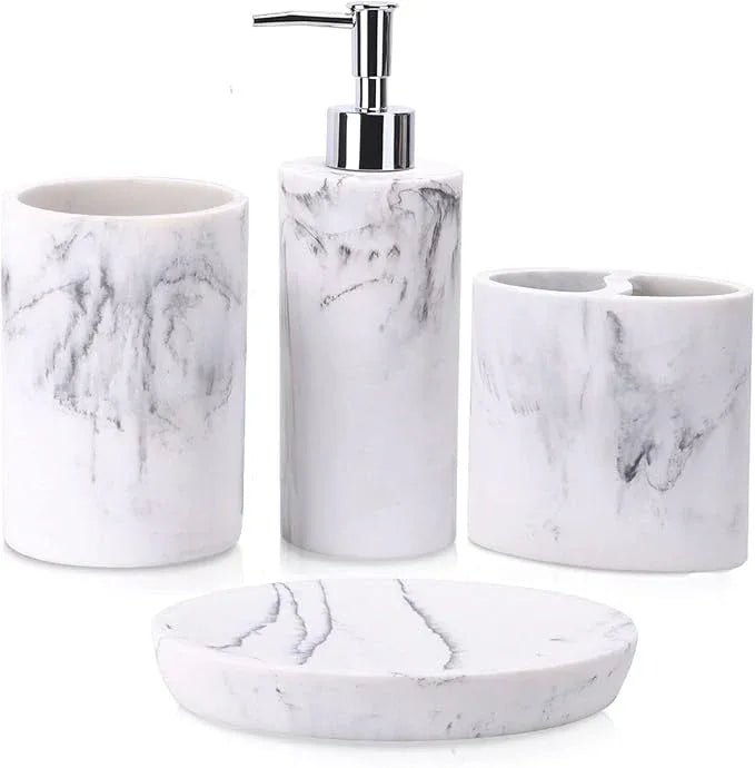ZCCZ Bathroom Accessory Set, 4 Pcs Marble Look Bathroom Vanity Countertop Bathroom Décor Sets Accessories with Soap Dispenser, Toothbrush Holder Set, Tumbler, Soap Dish - ModernBath