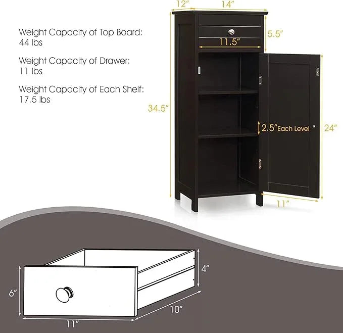 HAPPYGRILL Bathroom Floor Cabinet, Single Door Floor Storage Cabinet Organizer with Drawer and 3-Level Adjustable Shelves, Bathroom Cabinets Freestanding with Anti-Tipping Device for Living Room - ModernBath