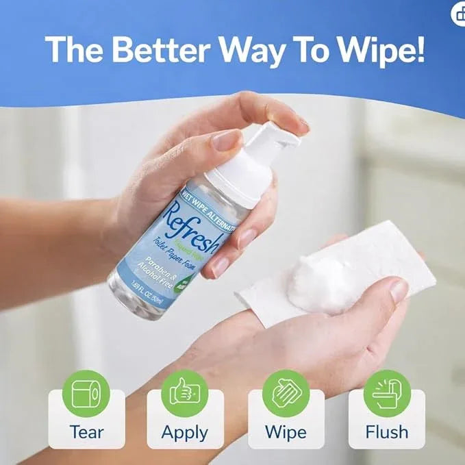 Refresh Liquid Wipe Free - Toilet Paper Foam for Sensitive Skin - Flushable Wet Wipe Alternative - Cleanses & Soothes with Witch Hazel & Aloe - Alcohol & Paraben Free, 1.69 oz (3 Pack) - ModernBath