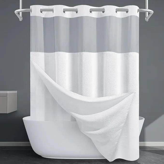 EUTXL Long No Hook Shower Curtain with Snap in Liner,230GSM Waffle Weave Shower Curtains for Bathroom,71W x 80H(78"),White - ModernBath