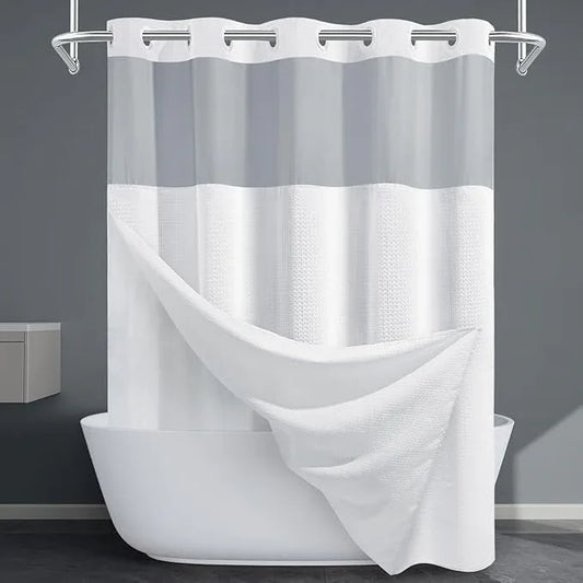 EUTXL White Long No Hook Shower Curtain with Snap in Liner,230GSM Waffle Weave Shower Curtains for Bathroom,71W x 86H - ModernBath