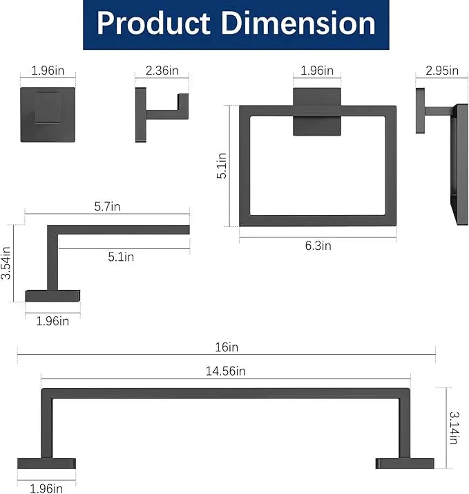 5-Piece Bathroom Hardware Accessories Set, Towel Racks for Bathroom Wall Mounted Stainless Steel, Matte Black Towel Bar Set 16In - ModernBath