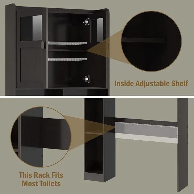 Vabches Over The Toilet Storage Cabinet, Bathroom Shelf Over Toilet with Glass Doors and Adjustable Shelves, Espresso Freestanding Home Space Save Toilet Rack for Restroom, Bathroom, Laundry - ModernBath