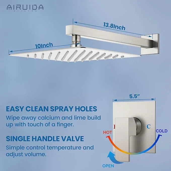 Airuida Shower Faucet Set Bathroom Rain Shower System SUS304 Stainless Steel Single Handle With Male Threads Rough-in Valve Shower Trim Kit 10 Inch Wall Mount Shower Head Brushed Nickel - ModernBath