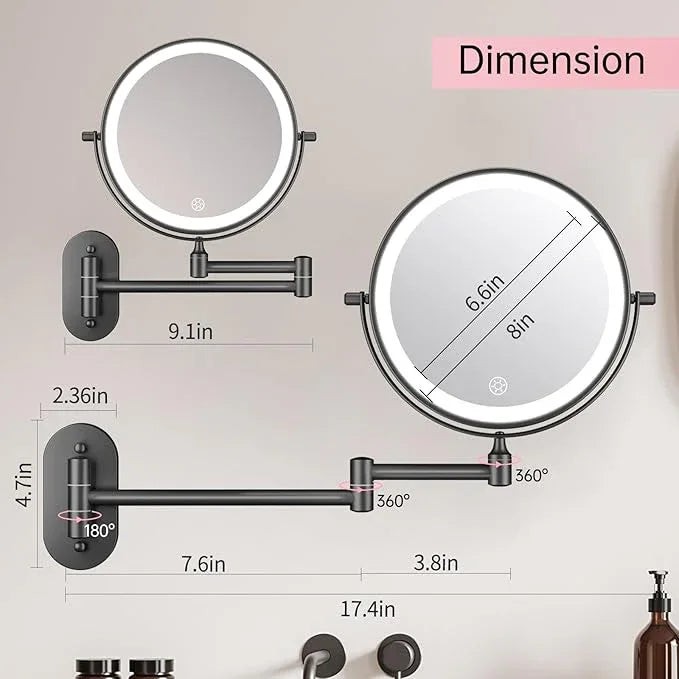FUNTOUCH Rechargeable Wall Mounted Lighted Makeup Vanity Mirror 8 Inch Double Sided 1X 30X Magnifying Bathroom Mirror, 3 Color Lighting, Touch Dimming, Extended Arm 360 Rotation Light up Mirror Black - ModernBath