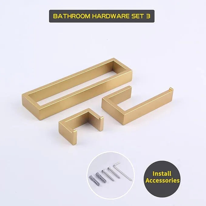 GERZWY Bathroom Accessory 3-Piece Set SUS 304 Stainless Steel Toilet Paper Holder Towel Ring Towel Hooks Wall Mount Gold Finished HG1708-3BE - ModernBath