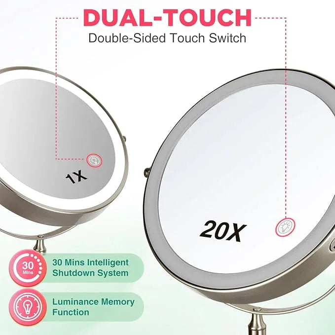 VORREMIRR 20X Magnifying Mirror with Light: 8.5 Inch Lighted Makeup Mirror, Wall Mount, 360 Rotation, Touch Screen, Rechargeable, Brushed Nickel - ModernBath