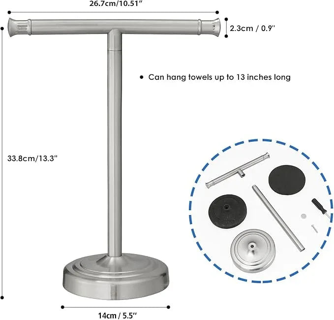 RUMOSE 13 Inch Brushed Nickel Towel Stand Hand Towel Holder Bathroom Kitchen Vanity Countertop T-Shape Towel Rack Free Standing Stainless Steel Towel Bar Towel Ring - ModernBath