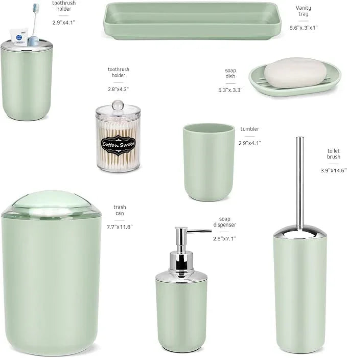 IMAVO Bathroom Accessories Set,Green Bathroom Set,9 Pieces Bathroom Accessory Set,Tray,Qtip Holders,Toilet Brush,Trash Can for Bathroom Décor and Home Gifts - ModernBath