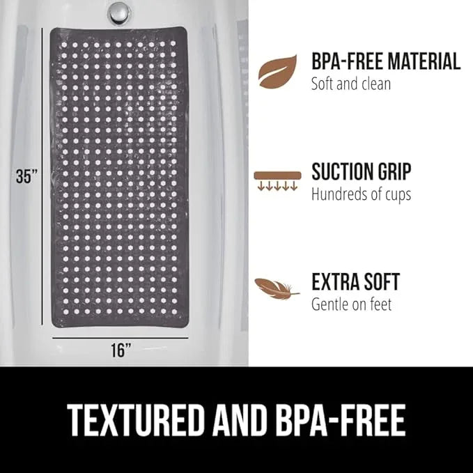 GORILLA GRIP Patented Bath Tub Shower Mat, Machine Washable Bathtub Floor Liner Mats, Suction Cups and Drain Holes to Keep Tubs Clean, Soft on Feet, Bathroom Essentials, 35x16 Inch, Charcoal Opaque - ModernBath