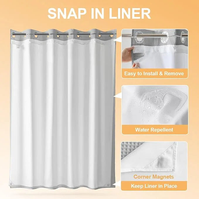 River Dream Extra Long No Hook Shower Curtain with Snap in Liner, Cotton Blend Shower Curtains for Bathroom, Hotel Grade, Water Repellent, Grey, 71" Wx86 L - ModernBath