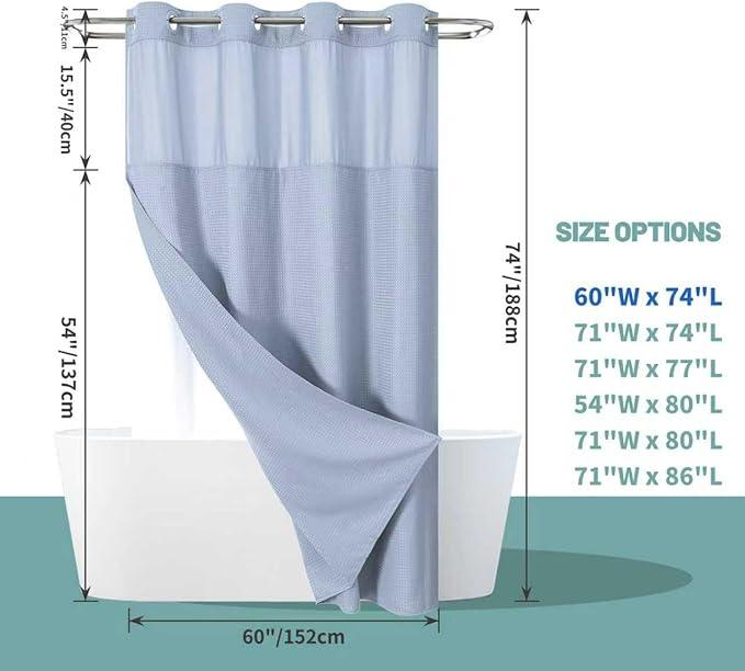 eachope Blue No Hook Waffle Weave Shower Curtain with snap-in Liner Replacement, 230GSM Waterproof Fabric Hotel Shower Curtain Set for Bathroom, Through Mesh Top Window,60Wx74H - ModernBath