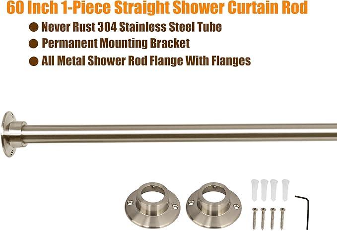 Artiwell 60" Heavy Duty Straight Shower Rod With Shower Rod Flange, Permanent Mount Shower Curtain Rod With Screws Bracket, Never Rust Stainless Steel, Window Curtain and Closet Rod, Brushed Nickel - ModernBath