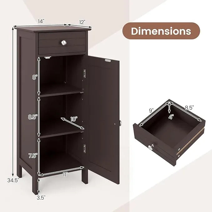 GLACER Floor Storage Cabinet, Multifunctional Freestanding Bathroom Storage Cabinet with 2 Adjustable Shelves, Ideal for Bathroom, Living Room, 14 x 12 x 34.5 inches (Brown) - ModernBath