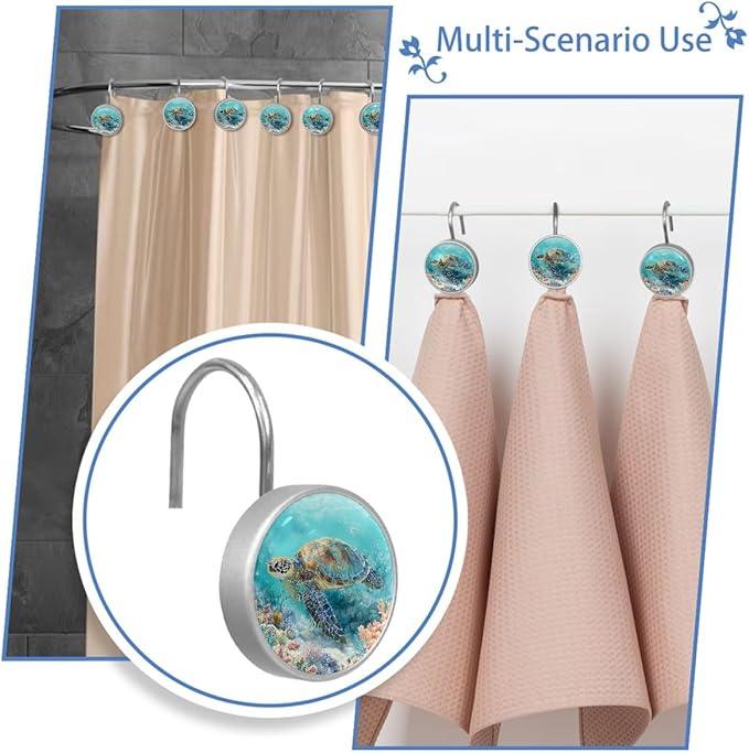 Sea Turtle Shower Curtain Hooks, 12Pcs Decorative Rust Resistant Shower Rings for Shower Curtain Rods, Stainless Steel Round Curtain Hooks for Bathroom, Bedroom, Farmhouse - ModernBath