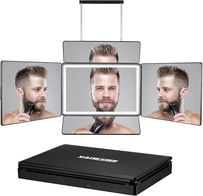 Rechargeable 5 Way Mirror for Hair Cutting, Real Glass Adjustable Trifold Mirror with Light & Telescoping Hooks for Makeup & Styling - Portable DIY Tool to Cut, Trim or Shave Your Head & Neckline - ModernBath