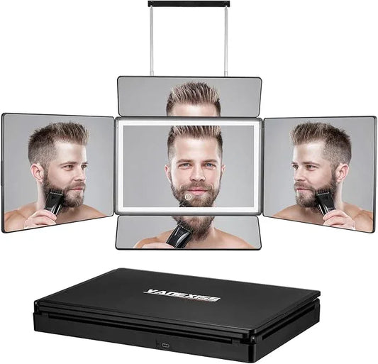 Rechargeable 5 Way Mirror for Hair Cutting, Real Glass Adjustable Trifold Mirror with Light & Telescoping Hooks for Makeup & Styling - Portable DIY Tool to Cut, Trim or Shave Your Head & Neckline - ModernBath
