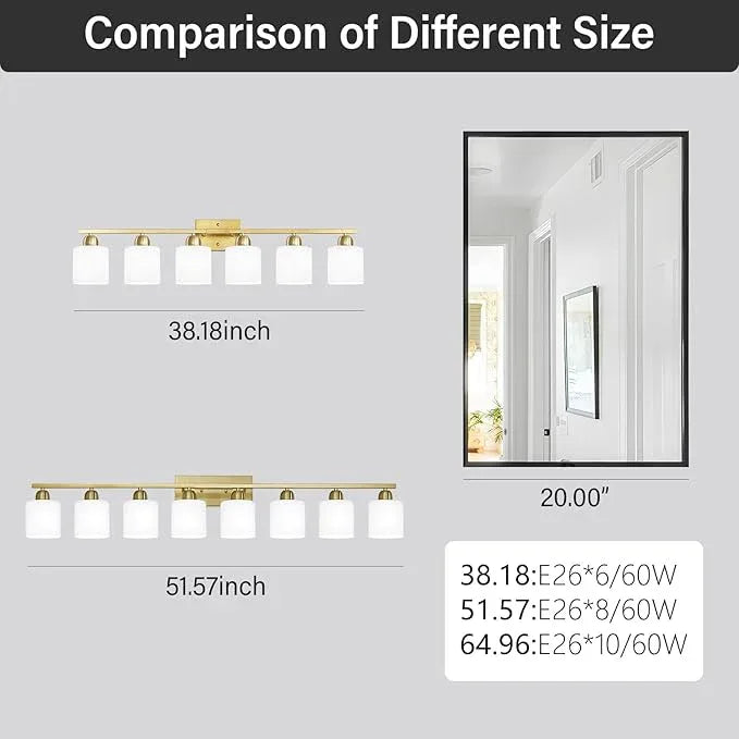 8 Light Bathroom Light Fixtures Gold for Big Mirror, Brushed Gold Vanity Lights for Bathroom with Milky White Frosted Glass Shades, 51 inch Wall Sconce for Mirrors Living Room Bedroom - ModernBath