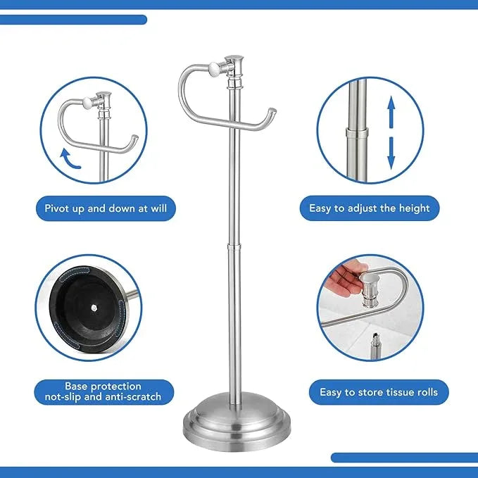 RUMOSE Toilet Paper Holder Stand for Floor, Brushed Nickel Adjustable (12.4" to 22.8") Bathroom Toilet Tissue Holder, Free Standing Toilet Paper Roll Holder with Storage, Stainless Steel - ModernBath