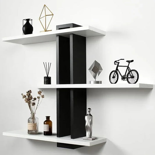 Floating Shelves for Wall 3 Tier White Bathroom Shelf Wall Mounted Black Modern Pine Wooden Shelves Rack for Livingroom Bedroom Kitchen Book Plants Organizers and Storage Decor - ModernBath