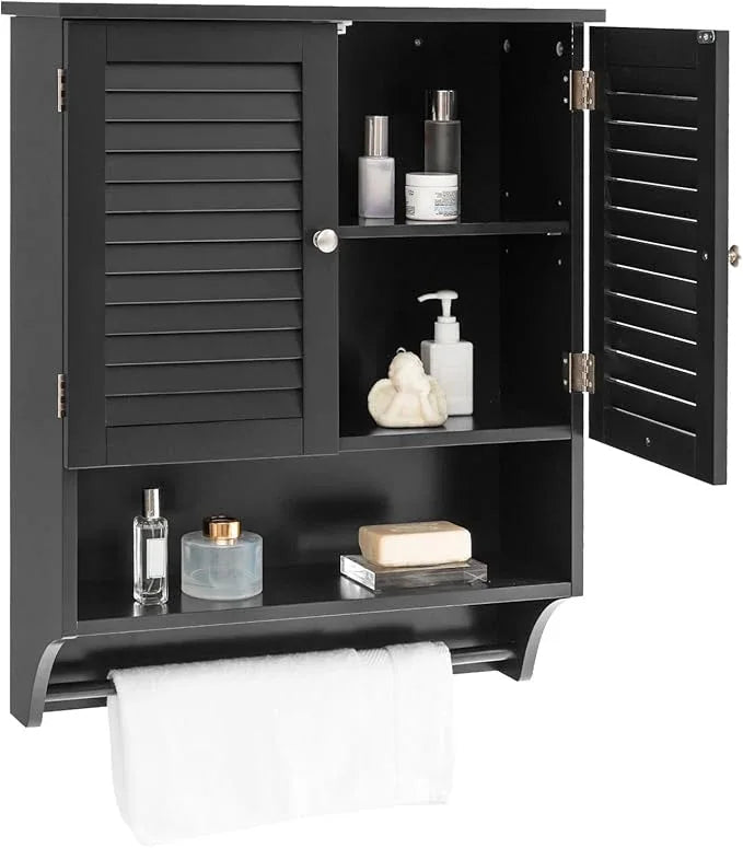 Giantex Bathroom Cabinet Wall Mounted - Hanging Medicine Cabinet with 2 Louvered Doors, 3-Position Adjustable Shelf, Towel Bar, Over The Toilet Space Saver (Black) - ModernBath