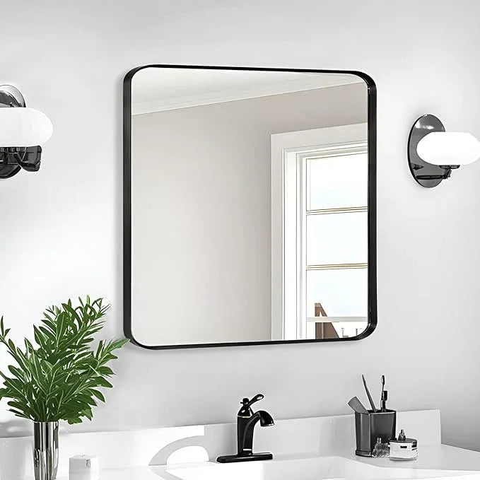 Minuover Wall Mount Mirror for Bathroom, Brushed Black Metal Framed Rounded Corner Square Rectangular Vanity Mirror (30" x 30", Black) - ModernBath