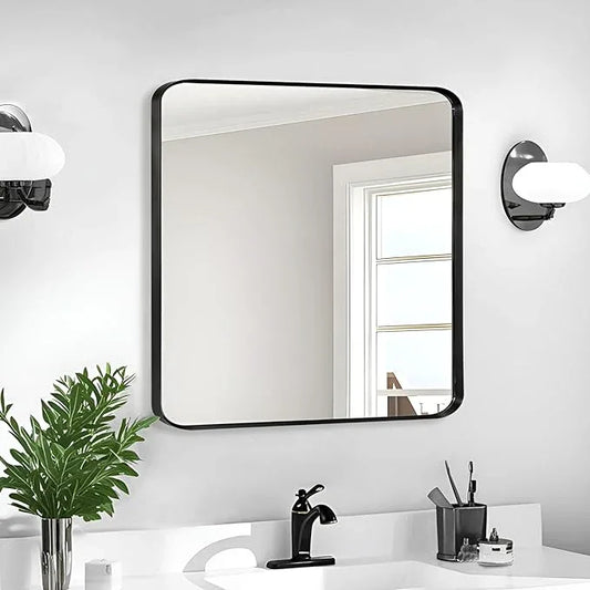 Minuover Wall Mount Mirror for Bathroom, Brushed Black Metal Framed Rounded Corner Square Rectangular Vanity Mirror (30" x 30", Black) - ModernBath
