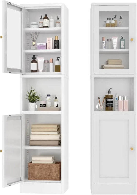 Metal Bathroom Storage Cabinet, 67" Tall Narrow Freestanding Floor Cabinet with Adjustable Shelves and Open Compartment, Slim Metal Locker for Laundry, Kitchen, Dining Room (White-Glass, 67"H) - ModernBath
