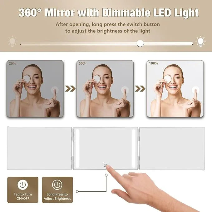 Dripex 3 Way Mirror with Led Lights for Men or Women, 360° Trifold Self Haircut Mirror with Height Adjustable Hooks, for Makeup, Styling, Shaving, Braiding, Dye Hair (White with Led) - ModernBath