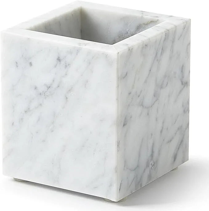 Real Natural Marble Toothbrush Holder & Pen Holder & Makeup Brush Holder, Genuine Stone Rectangular Bathroom Tumbler Cup, Durable Office & Home Countertop Organizer - ModernBath