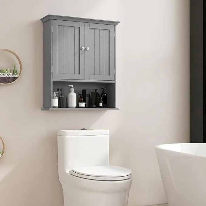 Giantex Wall Mounted Medicine Cabinets - Above Toilet Bathroom Cabinet with Adjustable Shelf, Open Shelf, Over The Toilet Space Saver Storage Cabinet for Laundry Room, Kitchen, Cupboard (Gray) - ModernBath