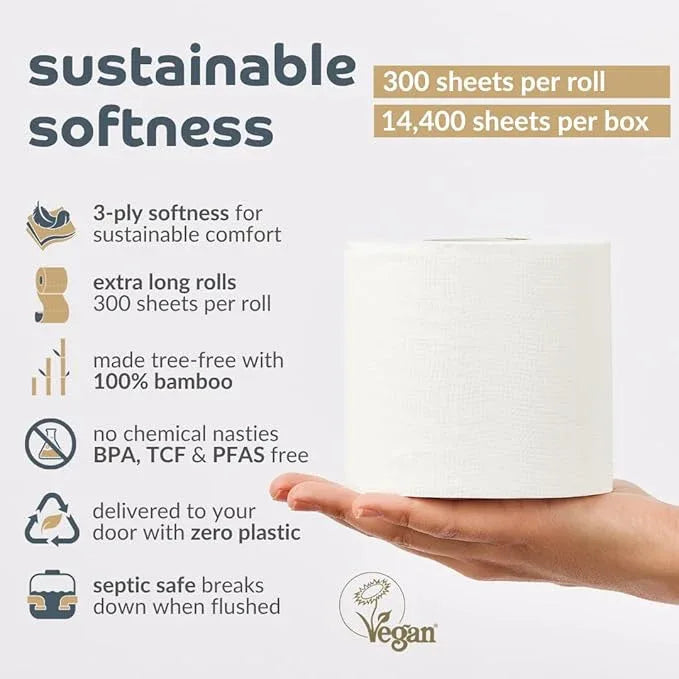 Bumboo Bamboo Toilet Roll 48 Pack | Toilet Paper 3 ply, 300 Sheets | Plastic-Free, Soft, Strong, Sustainable & Biodegradable Toilet Tissue - ModernBath