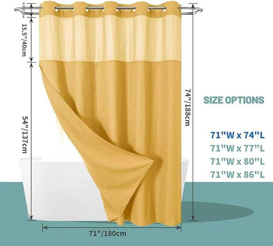 eachope Gold No Hook Waffle Weave Shower Curtain with snap-in Liner Replacement, 230GSM Waterproof Fabric Hotel Shower Curtain Set for Bathroom, Through Mesh Top Window,71Wx74H - ModernBath