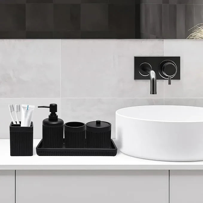 XLHOMO Resin Matte Black Bathroom Accessories Set 5 Pcs, Lotion Soap Dispenser, Toothbrush Holder, Bathroom Tumbler, Qtip Holder and Vanity Tray, Bathroom Countertop Organizer Set for Home Apartment - ModernBath
