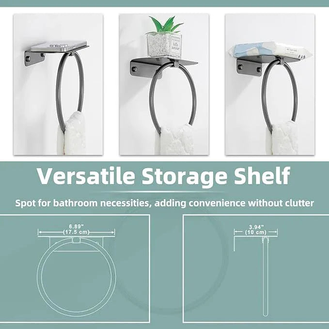 APLusee Gunmetal Gray Towel Ring with Shelf, 304 Stainless Steel Bathroom Towel Holder, Wall Mounted Swivel Loop for Kitchen Shower, Rustproof & Easy to Install - ModernBath
