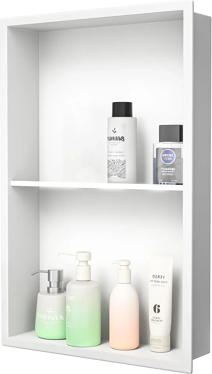 Stainless Steel Shower Niche 14"×24" White with 2-Tier Shelf No Tiled Needed Niche Shower for Bathroom Wall Recessed Shower Shelf for Bathroom Storage - ModernBath