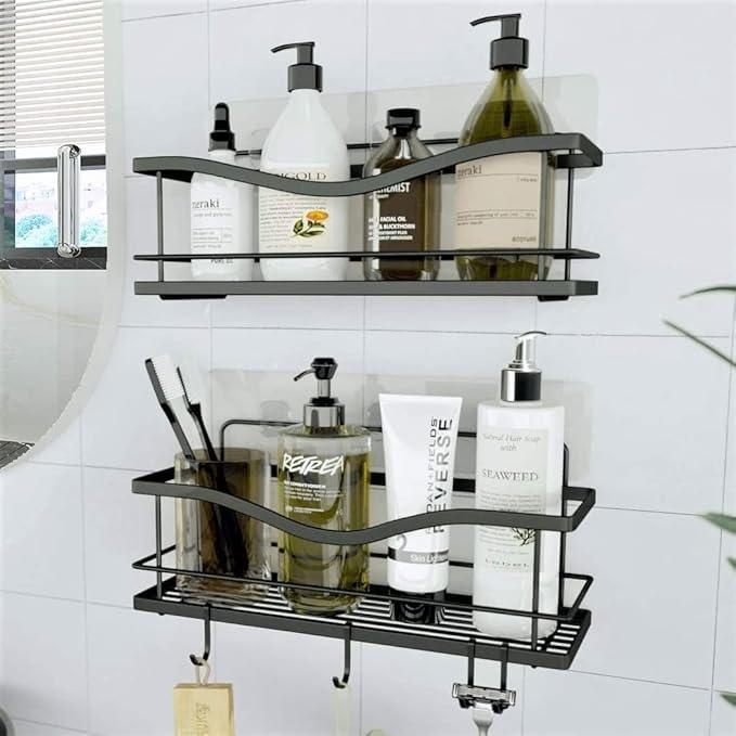 KINCMAX Premium Shower Caddy, Self Adhesive Shower Organizer w/ 4 Hooks, No Drill Shelves for Inside Shower, Rustproof Stainless Steel Shower Rack for Bathroom, Matte Black - ModernBath