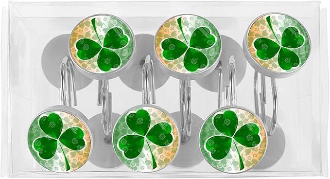 St. Patrick's Day 12pcs Clover Shower Curtain Hooks, Decorative Shower Curtain Hanger Rings Roller, Stainless Steel Round Shower Rings Hangers for Bathroom - ModernBath