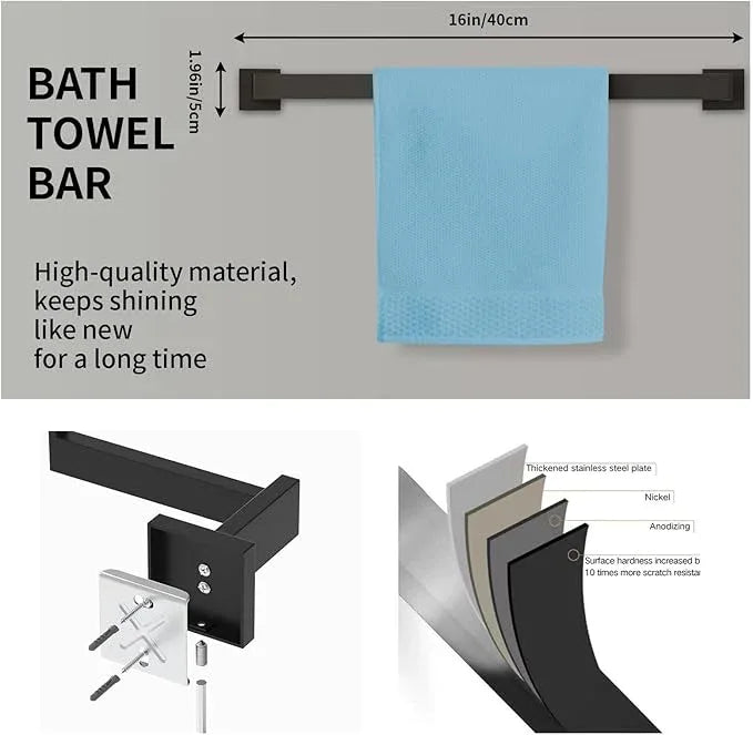 5-Pieces Matte Black Bathroom Accessories Set, 16 Inch Bath Towel Bar Set, SUS 304 Stainless Steel Bathroom Hardware Set, Towel Racks for Bathroom Wall Mounted - ModernBath