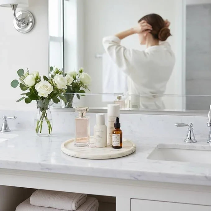 Marmor Real Natural Marble Bathroom Tray for Perfume, Candles, Jewelry Stone Vanity, Bathroom & Kitchen Counter Organizer and Home Decor (Calacatta Gold‌ Marble Round Plate(11.02 * 11.02 * 0.7)) - ModernBath